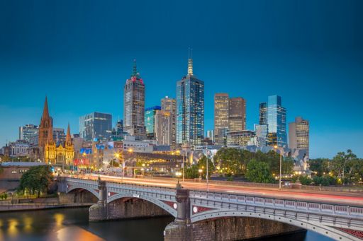 View from Yarra River of Melbourne city skyline at dusk