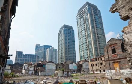 View of skyscraper from slum