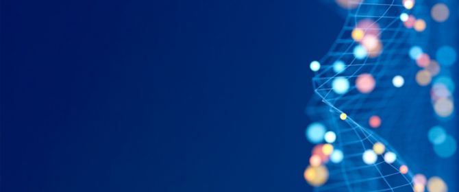 Web structure of colorful lights or dots against blue background