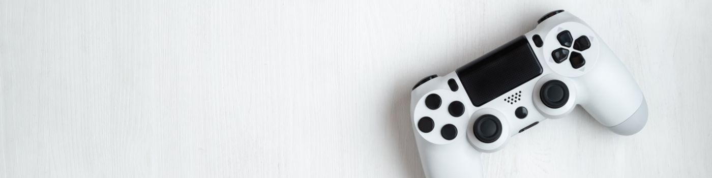 White joystick with black buttons against white background