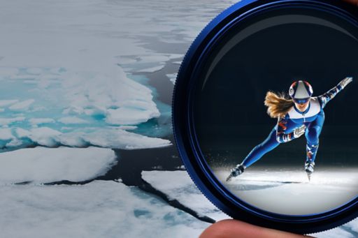 Woman ice skater through circular lens